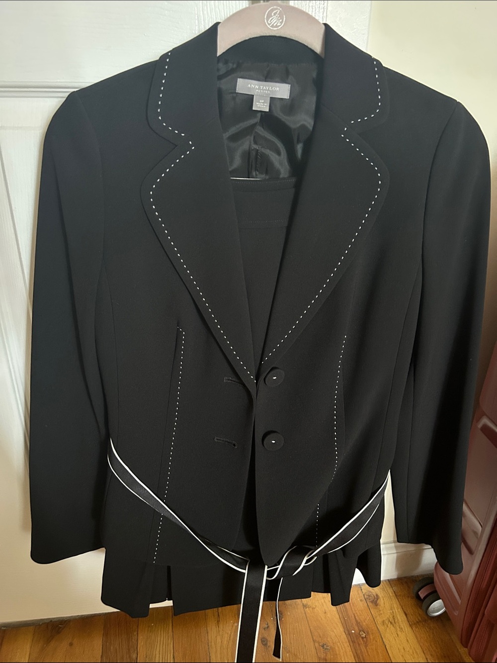 Ann Taylor Black Blazer and skirt with White Trim and Waist Tie